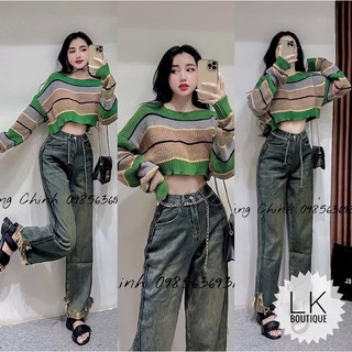 Áo len kẻ xanh croptop hót hít tháng 11 12