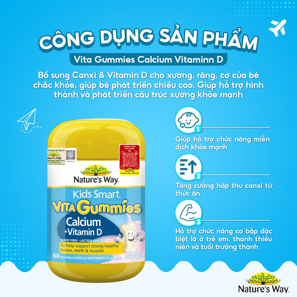 Kẹo Dẻo Canxi Cho Bé Nature’s Way Kids Smart Vita Gummies Calcium + Vitamin D Hỗ Trợ Phát Triển Chiều Cao 60 Viên