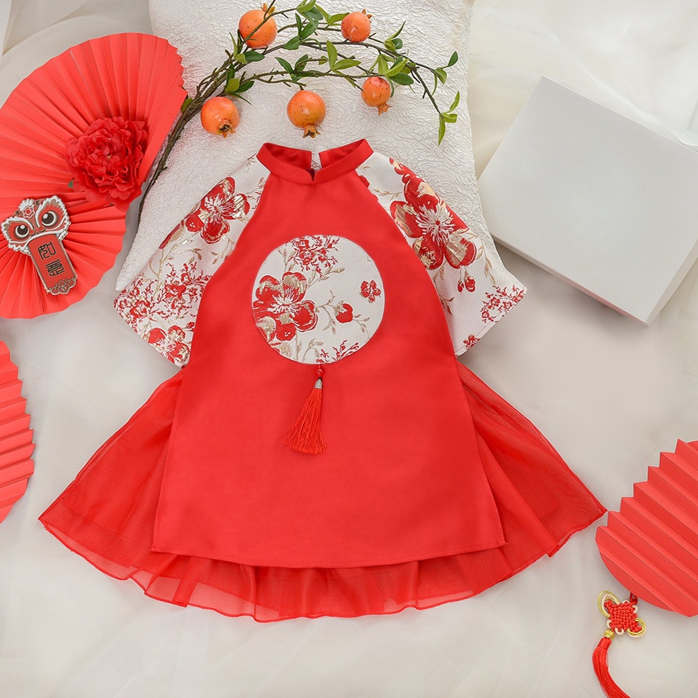Áo dài bé gái phối gấm hoa đào 2 mầu đỏ hồng ,sét áo dài trẻ em kubin store full size