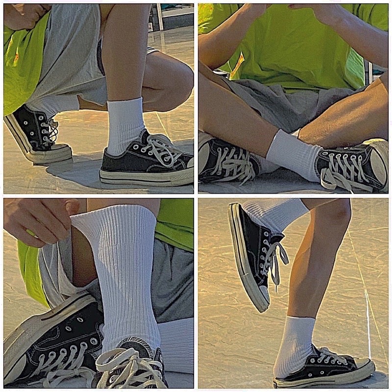 Tất Dài Vớ Nam Nữ Trơn Trắng Đen Basic Cotton 100%