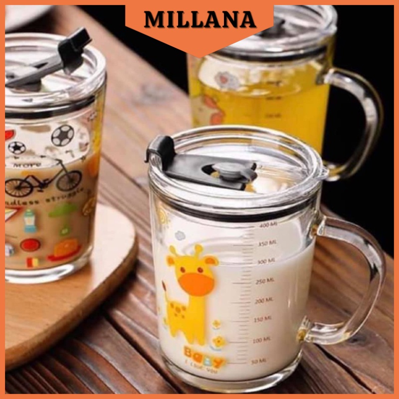Cốc Pha Sữa Cho Bé Chia Vạch Thủy Tinh Chịu Nhiệt Kèm Ống Hút SIÊU DỄ THƯƠNG MILLANA SHOP K151