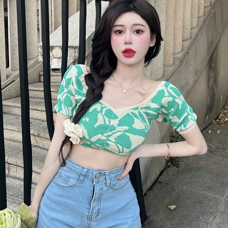 Áo Dệt Kim Tay Phồng Ngắn Cổ Chữ V Dáng Ôm Thời Trang Hàn Quốc Cho Nữ