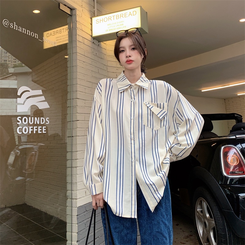 Áo sơ mi SUXI tay dài quá cỡ họa tiết kẻ sọc phong cách Hàn Quốc thời trang đơn giản dành cho nữ