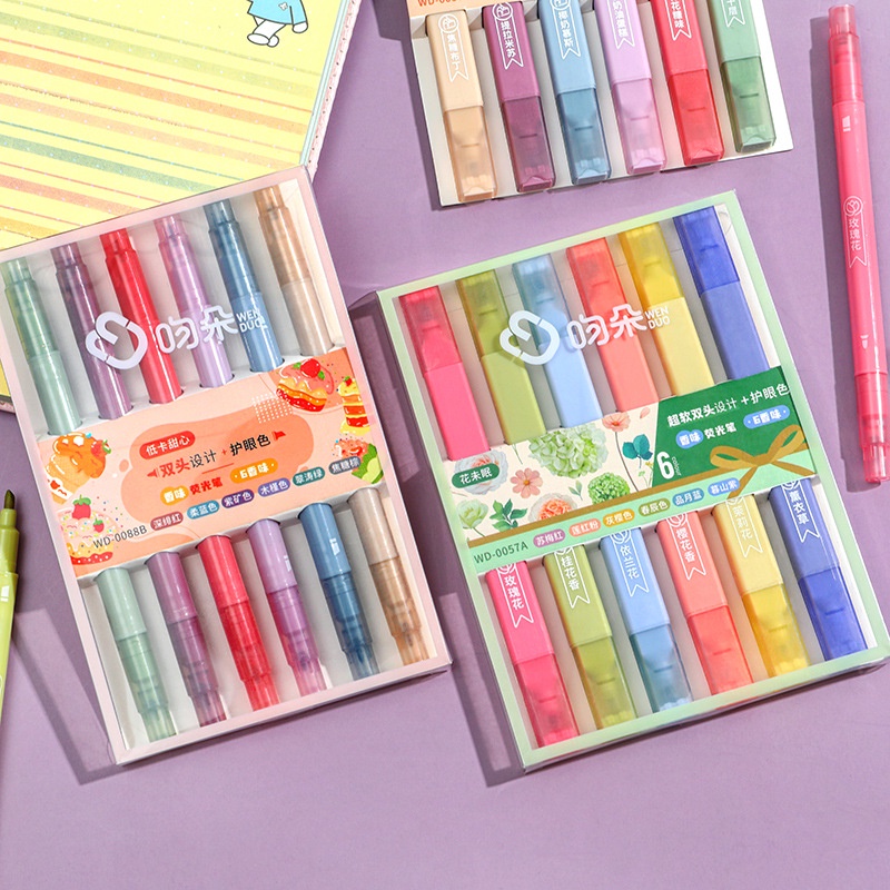 Set 6 bút highlight thân vuông 2 đầu Lonita bút nhớ màu pastel dễ thương BH04