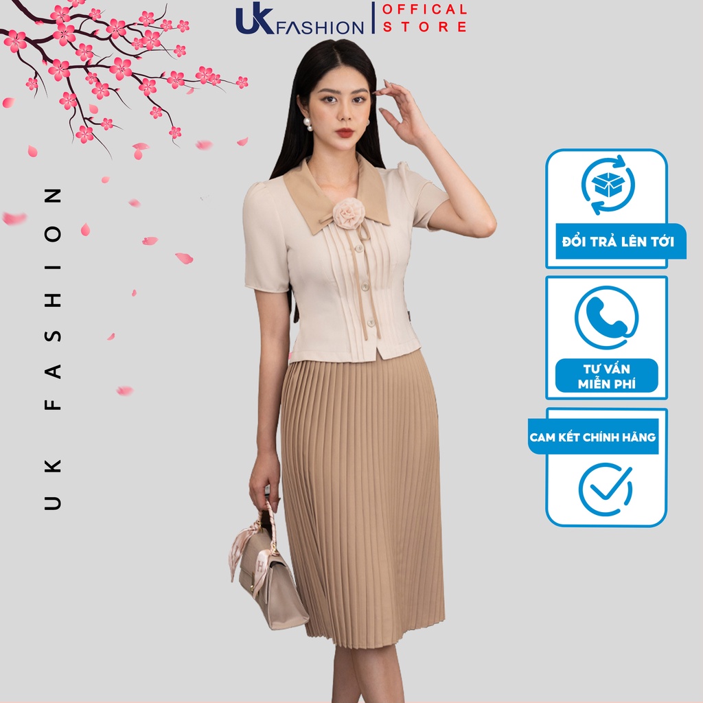 Set Áo Sơ Mi Bấu Mí Kết Hợp Chân Váy Dập Ly UK Fashion Thiết Kế Hiện Đại, Phù Hợp Môi Trường Công Sở NKBD2203007