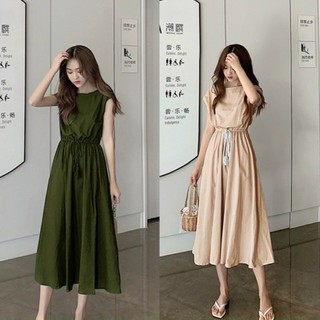 Đầm dài suông vải linen thun, eo dây rút xòe, tay con dáng cánh dơi có size m,l,xl