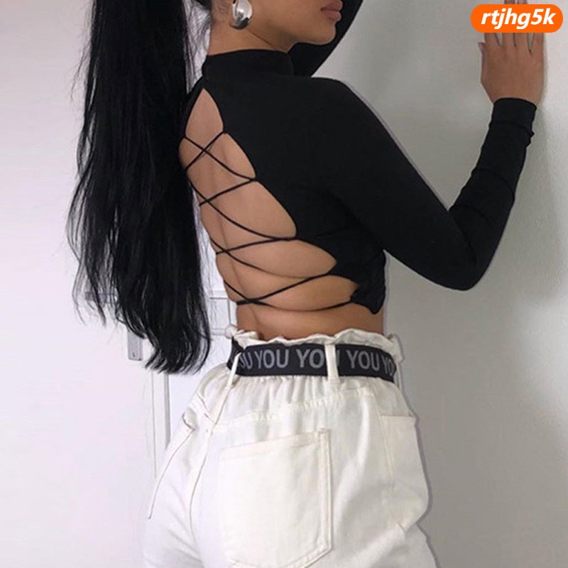 Áo Croptop Tay Dài Màu Trơn Thiết Kế Dây Đan Chéo Sau Lưng Phong Cách Quyến Rũ