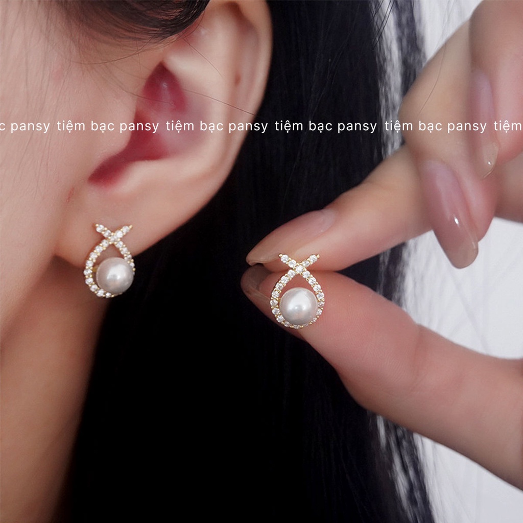 Bông tai bạc nữ PANSY nơ gắn ngọc trai nhân tạo dáng ngắn sang trọng