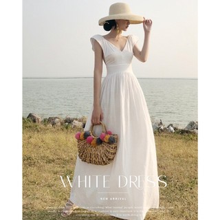 Đầm dài hai dây linen trắng white dress