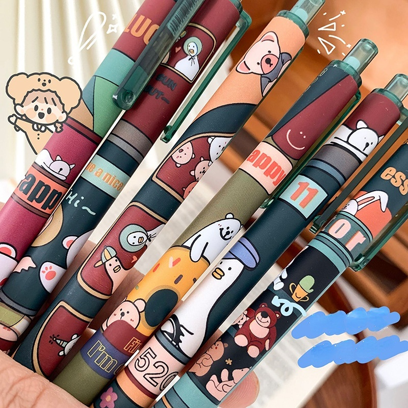 Bút Bi Bấm Mực Đen Ngòi 0.5mm In Hình Xe Buýt Hoạt Hình