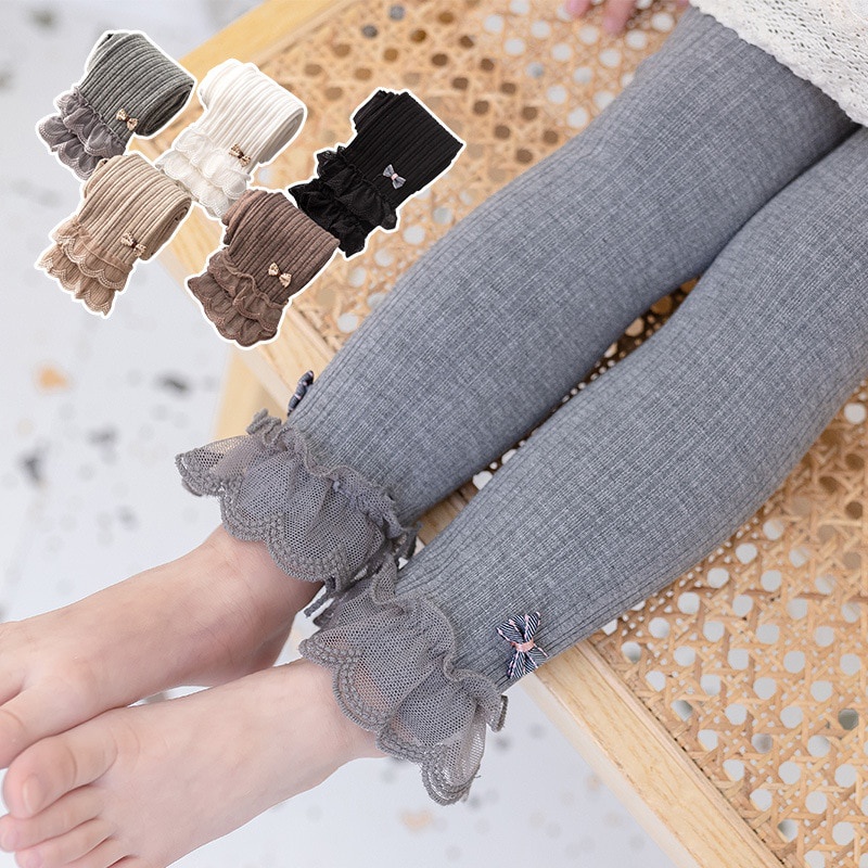 Quần Tất Phối Ren Đính Nơ Màu Sắc Trơn Giữ Ấm Mùa Đông Cho Bé Gái