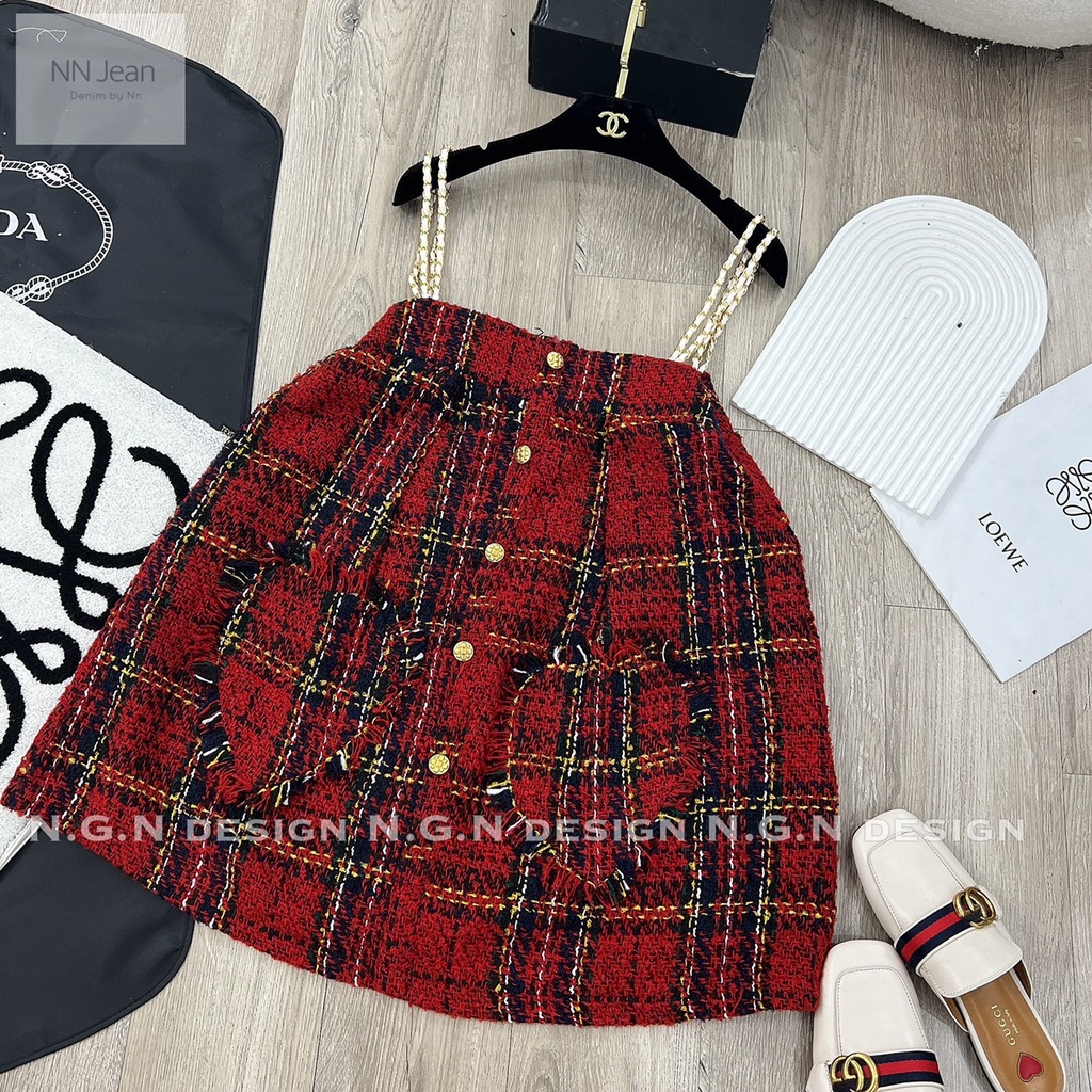 Váy đầm dạ hai dây đính cúc ngọc hàng 2 lớp có lót quần