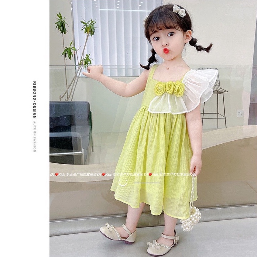 Váy cho bé gái, váy công chúa bé gái cổ bèo lệch đính hoa trước cho bé từ 8-20kg