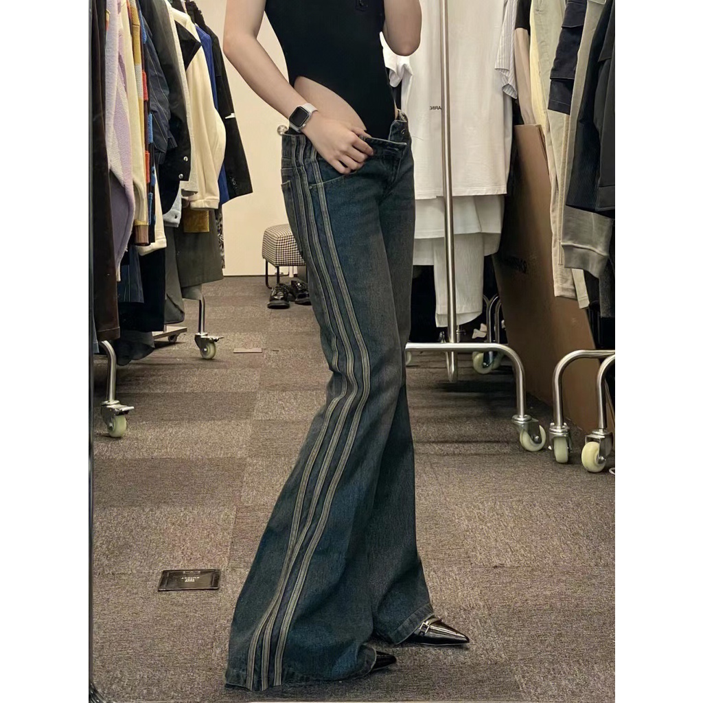 Quần Jean Ống Loe Ôm Dáng Họa Tiết Kẻ Sọc Bên Hông Phong Cách Retro Đường Phố Cao Cấp Cho Nữ ins