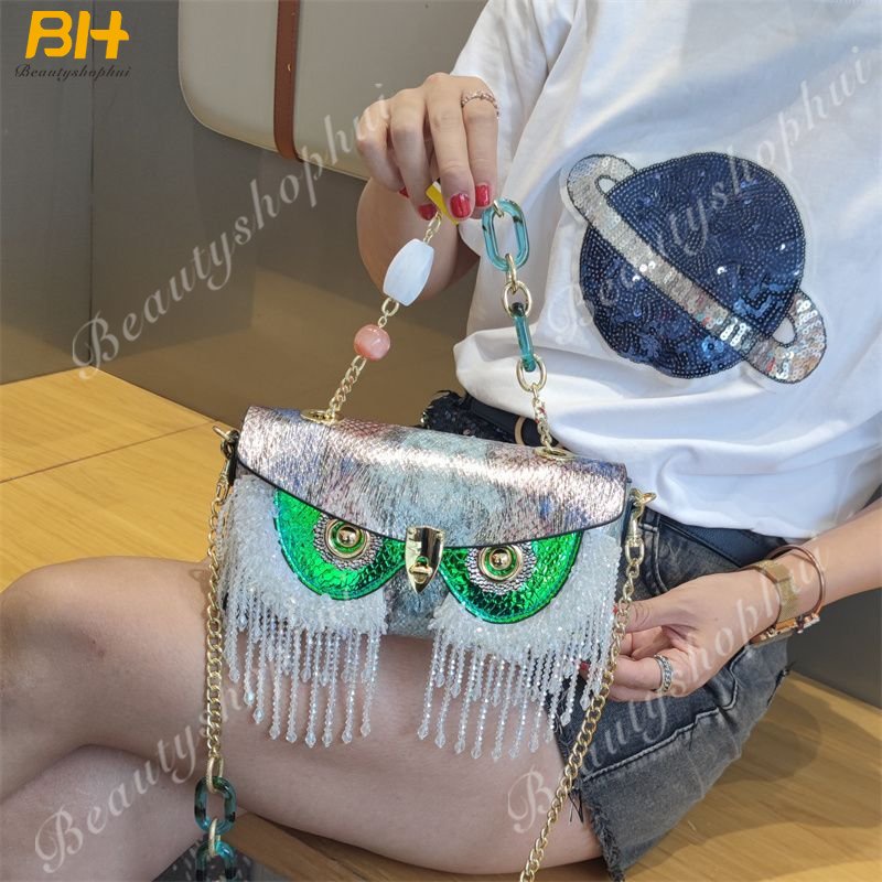 Túi Đeo Chéo Da Bò Phối Dây Xích Dáng Vuông Nhỏ Đính Hạt Và Tua Rua Thời Trang 2022 Cho Bạn Gái