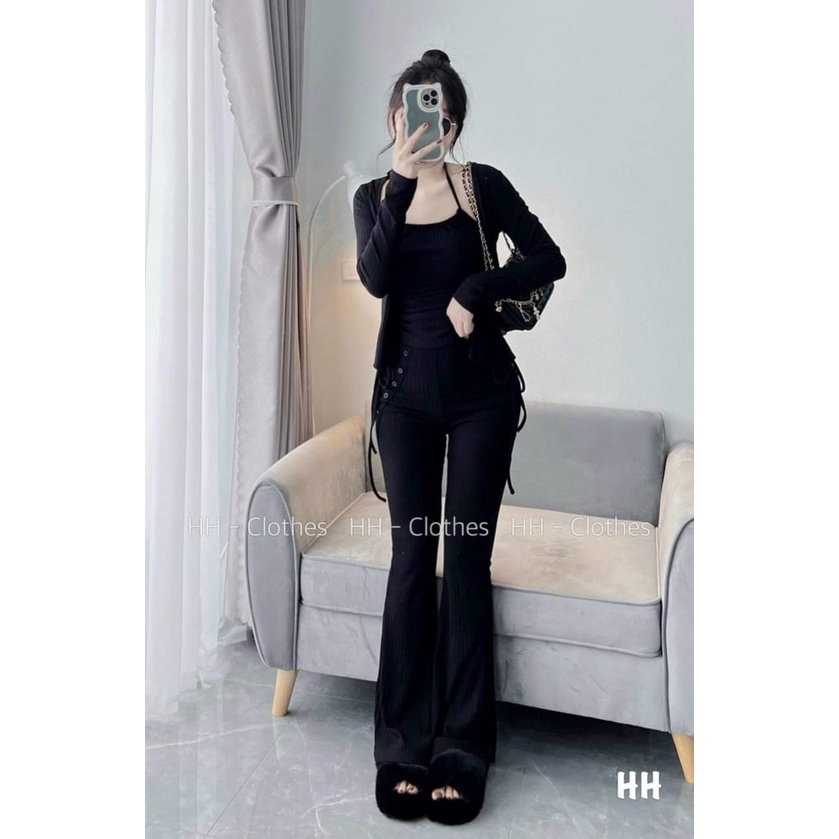 Set bộ nữ áo hai dây kèm áo khoác và quần dài rộng loe nút túi gân cực đẹp cho cô nàng xinh đẹp oa