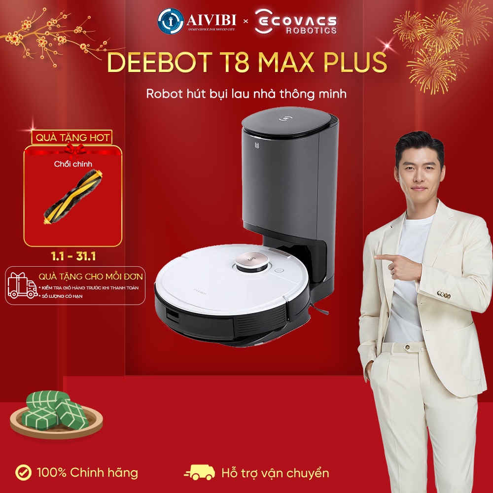 Robot Hút Bụi - Lau Nhà Ecovacs Deebot T8 Max Plus- Dock sạc xả tự động- BH 12 tháng - Hàng Chính Hãng