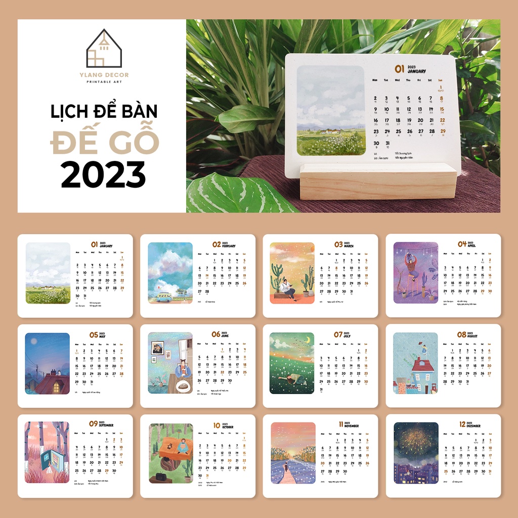 LỊCH ĐỂ BÀN ĐẾ GỖ 2023 - Calendar 2023 - Có Lịch Âm - Ghi chú các ...