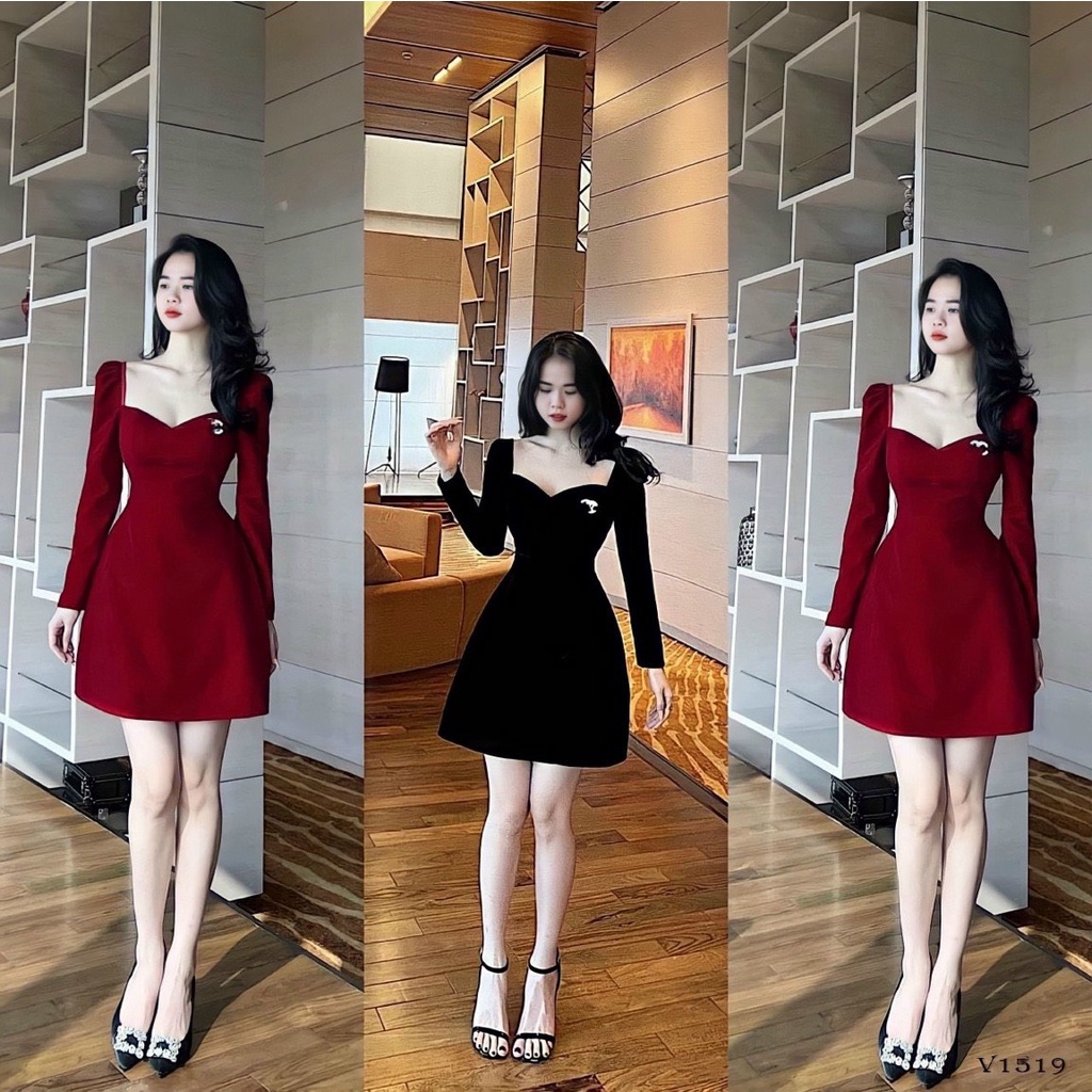 BIGSIZE (60-90KG) ĐẦM CỔ CÚP TAY DÀI TAG NƠ ĐÁ