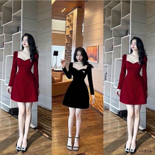Bigsize đầm cổ cúp tay dài tag nơ đá