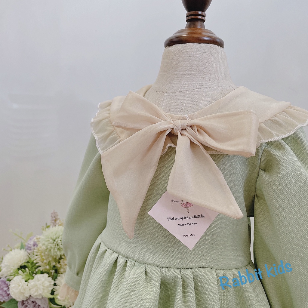 Đầm Dài Tay Cho Bé Gái 1,2,3,4 Tuổi💝FREESHIP💝 Rabbit Kids-Váy Dạ Tweed Xanh Nơ Cổ Lụa Tơ Bóng Dài Tay Trẻ Em 5-18kg