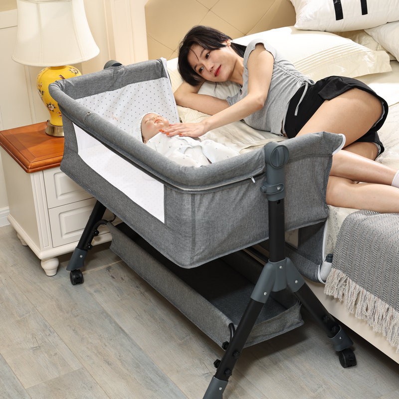 Nôi cho bé ghép cạnh giường bố mẹ tăng chỉnh được chiều cao,Nôi cũi trẻ em gấp gọn tặng nệm,màn Kawaii Home