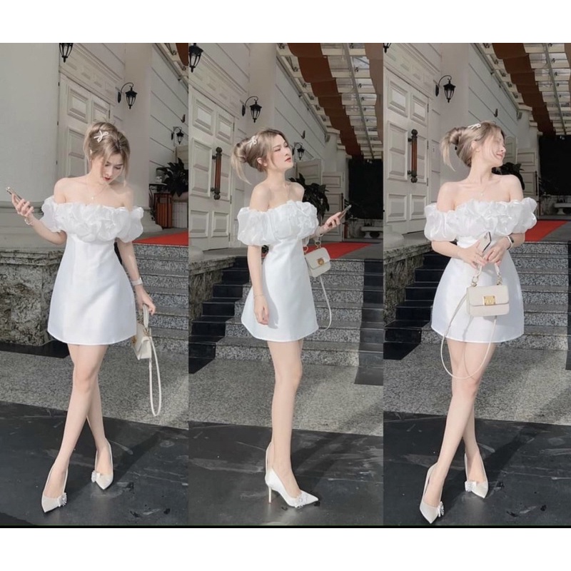 Đầm dự tiệc trễ vai đính cườm chất tapta siêu sang chảnh