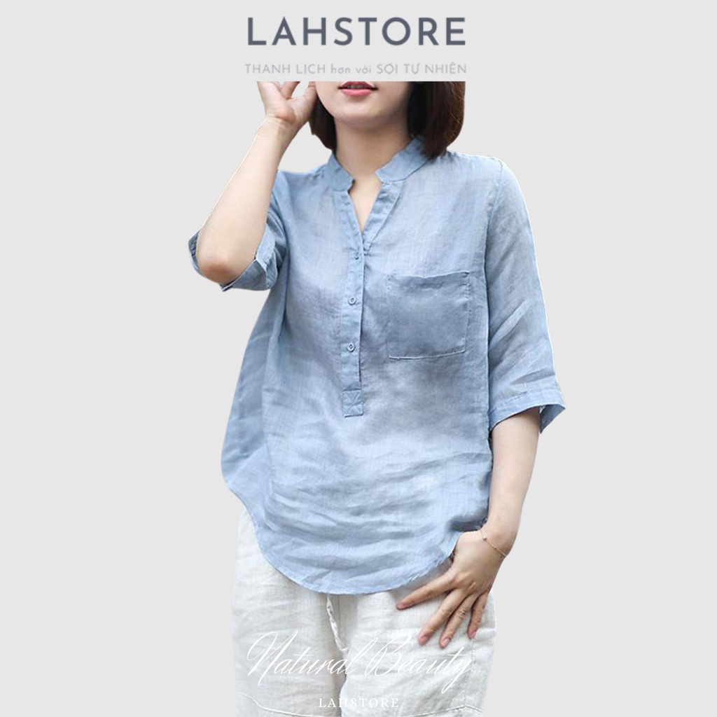 Áo sơ mi nữ kiểu tay lỡ vải thô đũi mềm mát, cổ tàu bổ trụ 1 túi ngực LAHSTORE AD01