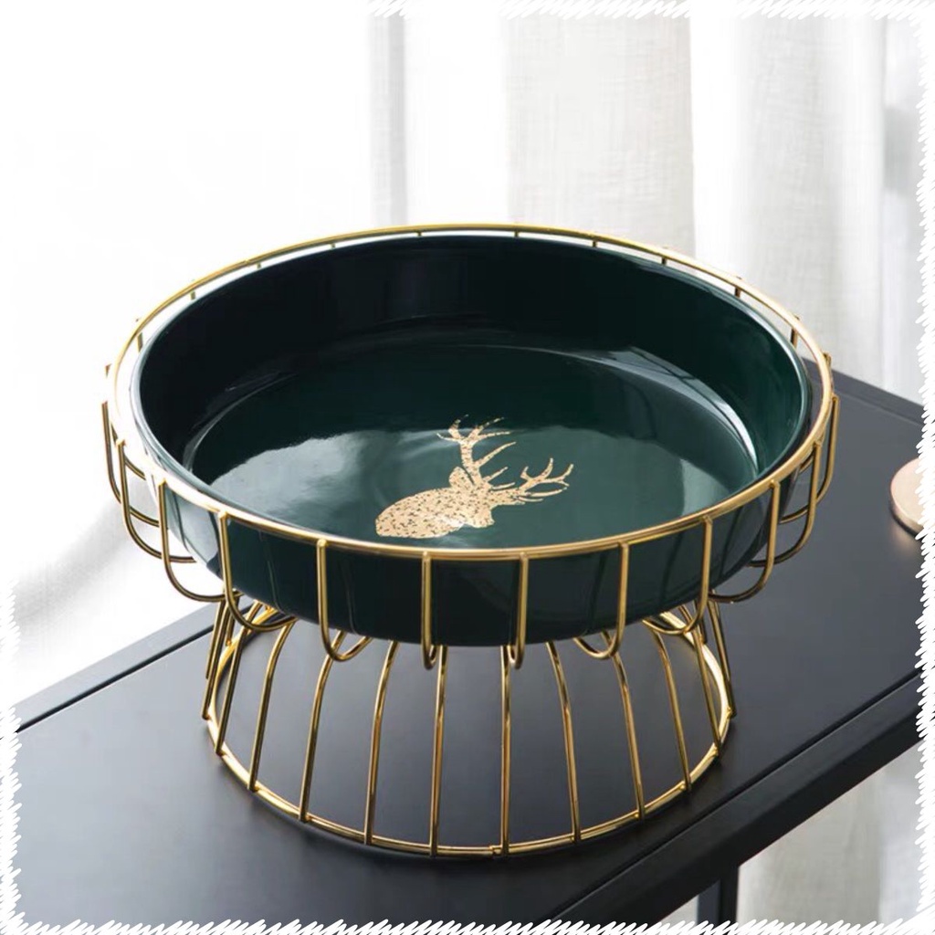 Khay đựng trái cây, bánh kẹo, hoa quả gốm sứ cao cấp hình đầu hươu màu xanh, trắng, kệ khung sắt