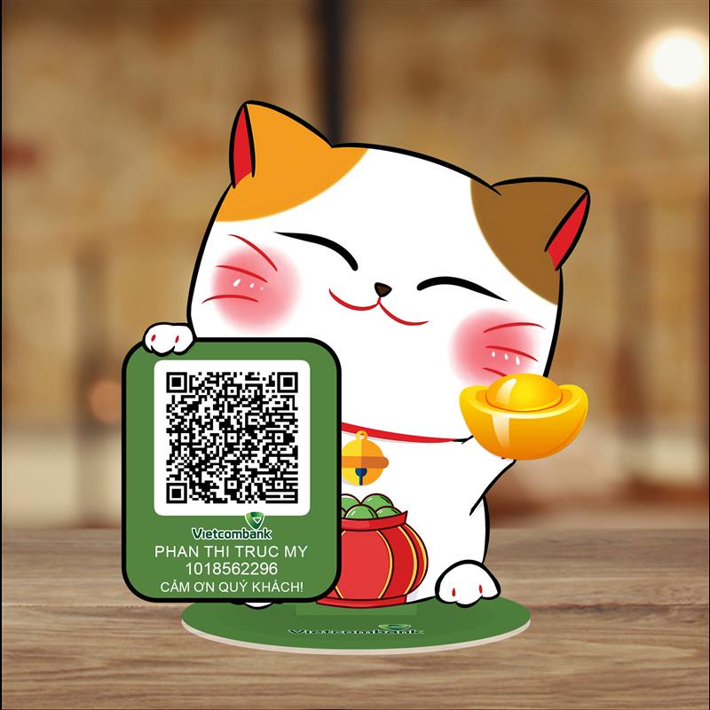 Mèo thân tài Thegioipuzzle in mã qr chất liệu mica bền đẹp chắc chắn