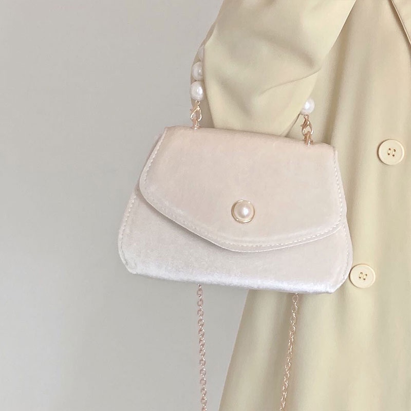 MISCHA Túi Đeo Vai Màu Trơn Chất Liệu Nhung Đính Ngọc Trai Thời Trang Cho Nữ