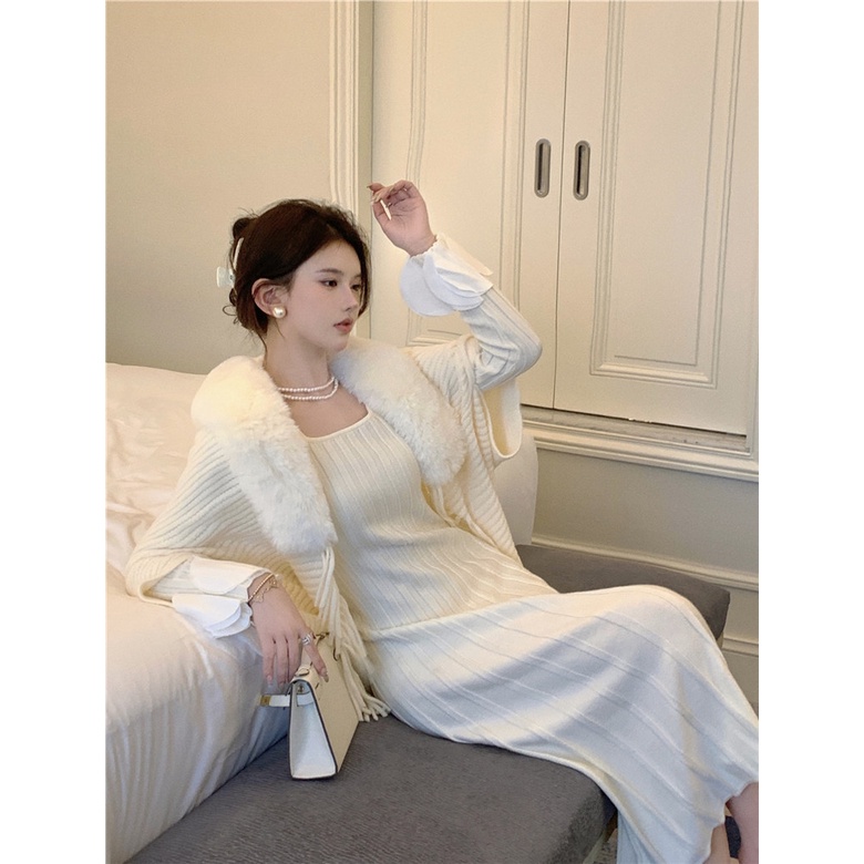 Winter New Product Spot Second Shot Pure Desire Wind Long Sleeve Knitted Dress Women's Autumn and Winter 2023 New Temperament Medium Long Knitted Dress Long Sleeve Fur Neck Knitted Cardigan Coat