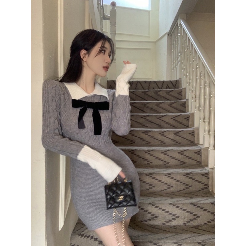 |SANA SET| Đầm len body tay dài gắn nơ TLÉA