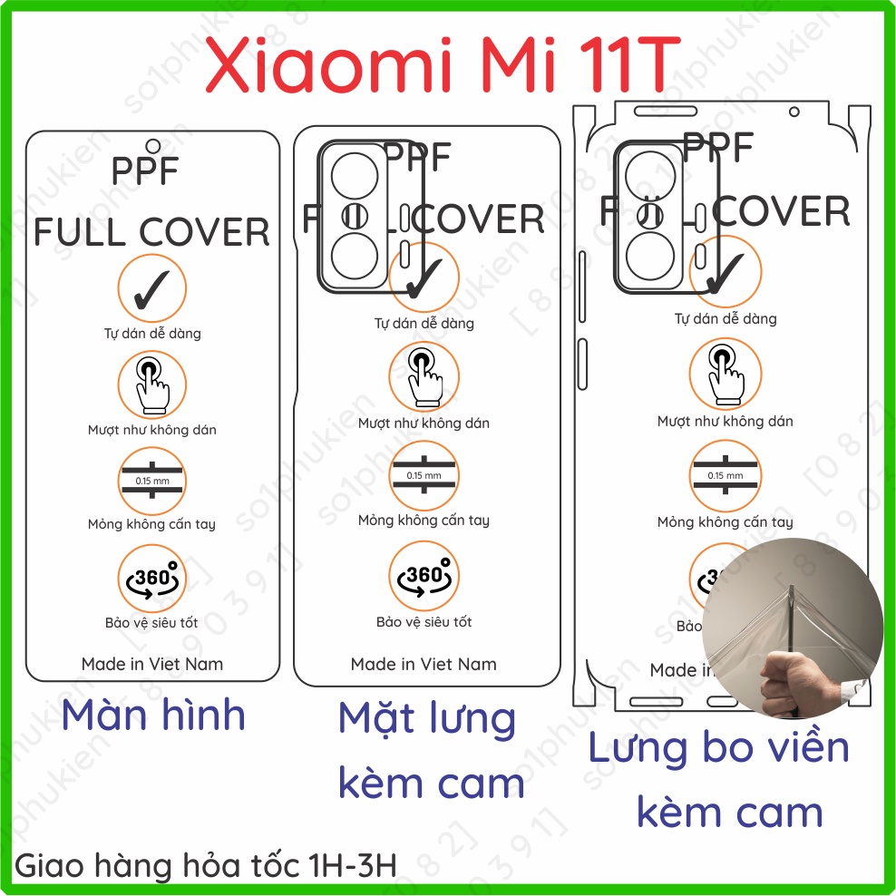 Dán PPF Xiaomi Mi 11T loại nhám, trong dành cho màn hình, mặt lưng ,full viền
