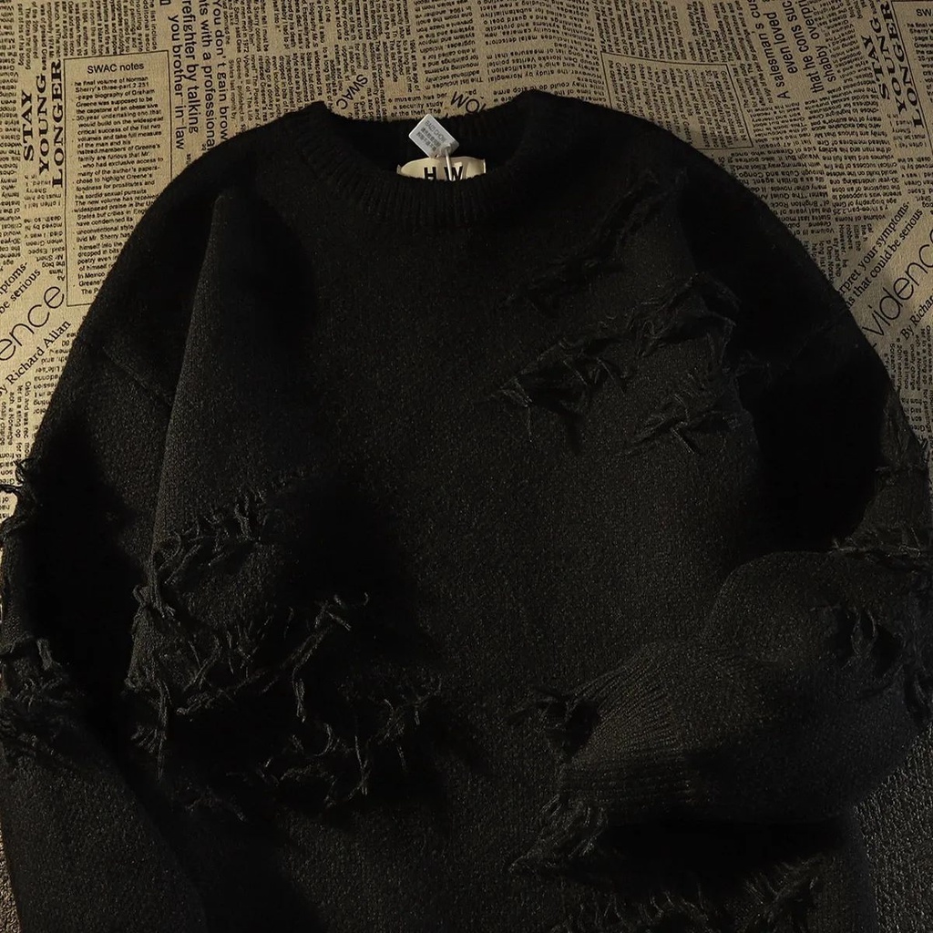 Áo Sweater Dệt Kim Tay Dài Phối Tua Rua Rách Kiểu Mỹ Thời Trang Thu Đông Cho Nam Và Nữ Y2k