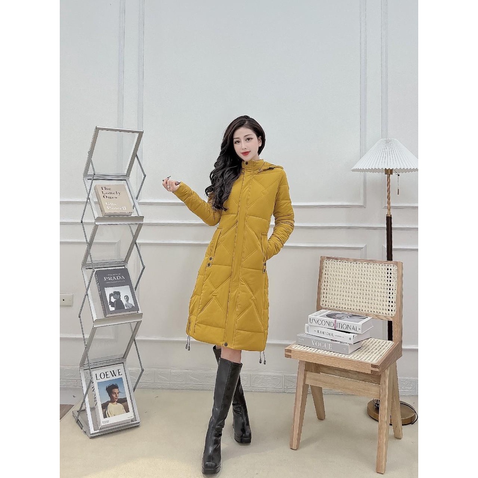 P921 -  Áo khoác phao nữ dáng dài siêu nhẹ dày ấm cản gió có mũ tháo rời