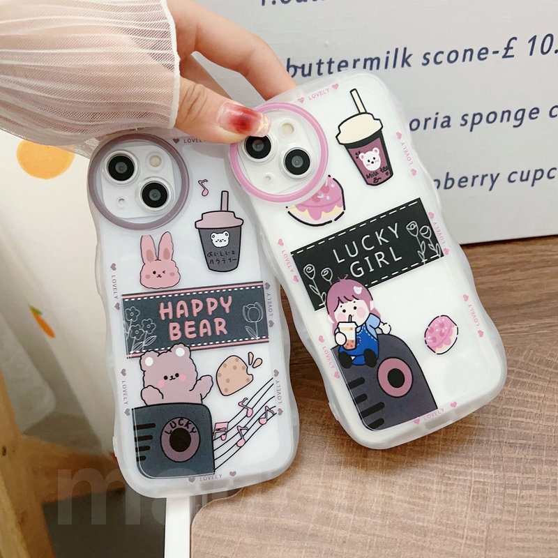 Clear Casing Samsung Galaxy A54 A34 A24 A14 A04 A12 A73 A53 A52 A52S A33 A32 A23 A72 A22 A13 4G 5G A03S A02S A11 A02 A03 A51 A50 A50S A30S A20 A30 A20S A10S A21S M12 M22 M32 M11 M02 Waves Edge Cute Cartoon Happy Bear Milk tea Lucky Girl Phone Case STB 13