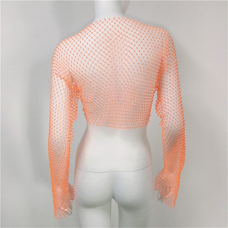 Áo Croptop Tay Dài Loe Phối Lưới Đính Đá Lấp Lánh Thời Trang Cho Nữ