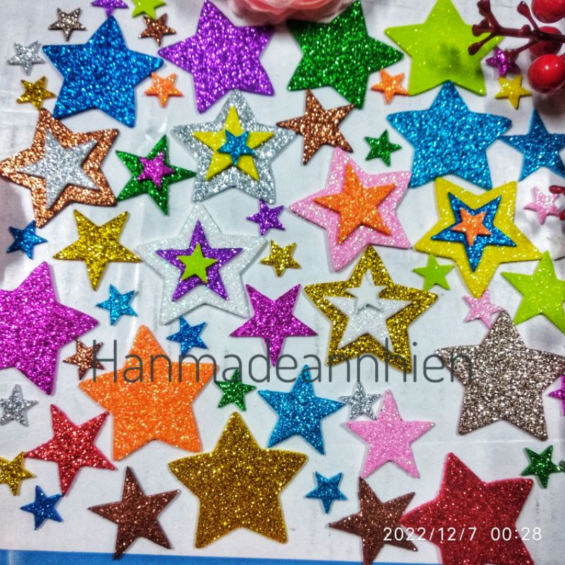 20- 40- 80 hình NGÔI SAO, size 5cm, 3.1cm ,1.5cm bằng xốp kim tuyến - hình trang trí thiệp, bưu thiếp, lì xì...