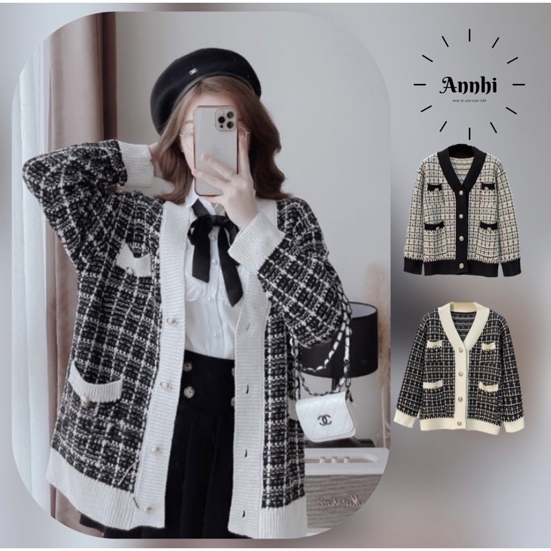 Áo khoác cardigan hoạ tiết kẻ kim tuyết sang sịn mịn