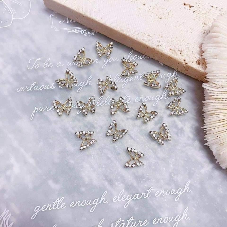 Set charm hình cánh bướm kim loại mix đá sang trọng mạ bạc trang trí móng phụ kiện nail Hà Chi