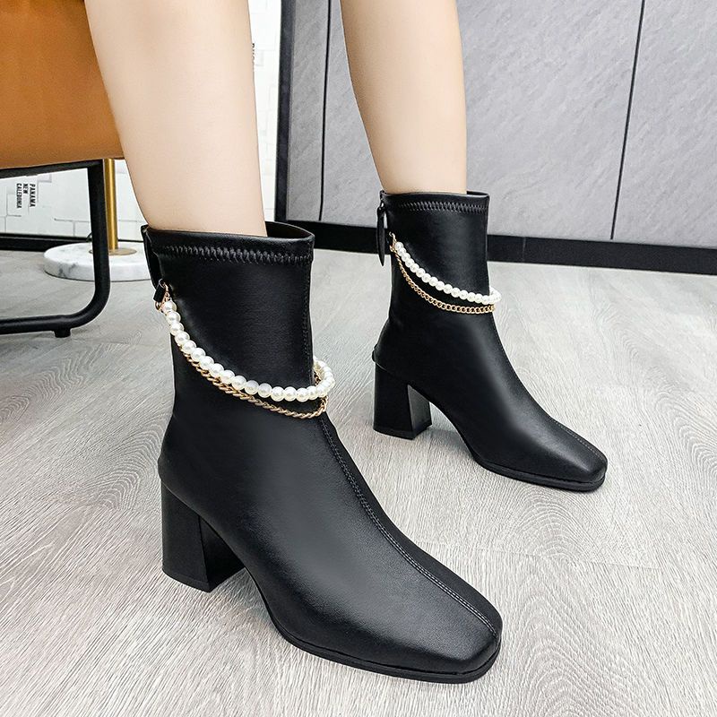 Giày Bốt Cao Gót 5cm Mũi Vuông Phối Khóa Kéo Sau Đính Ngọc Trai Giả Dễ Thương Cho Nữ Size 35-43