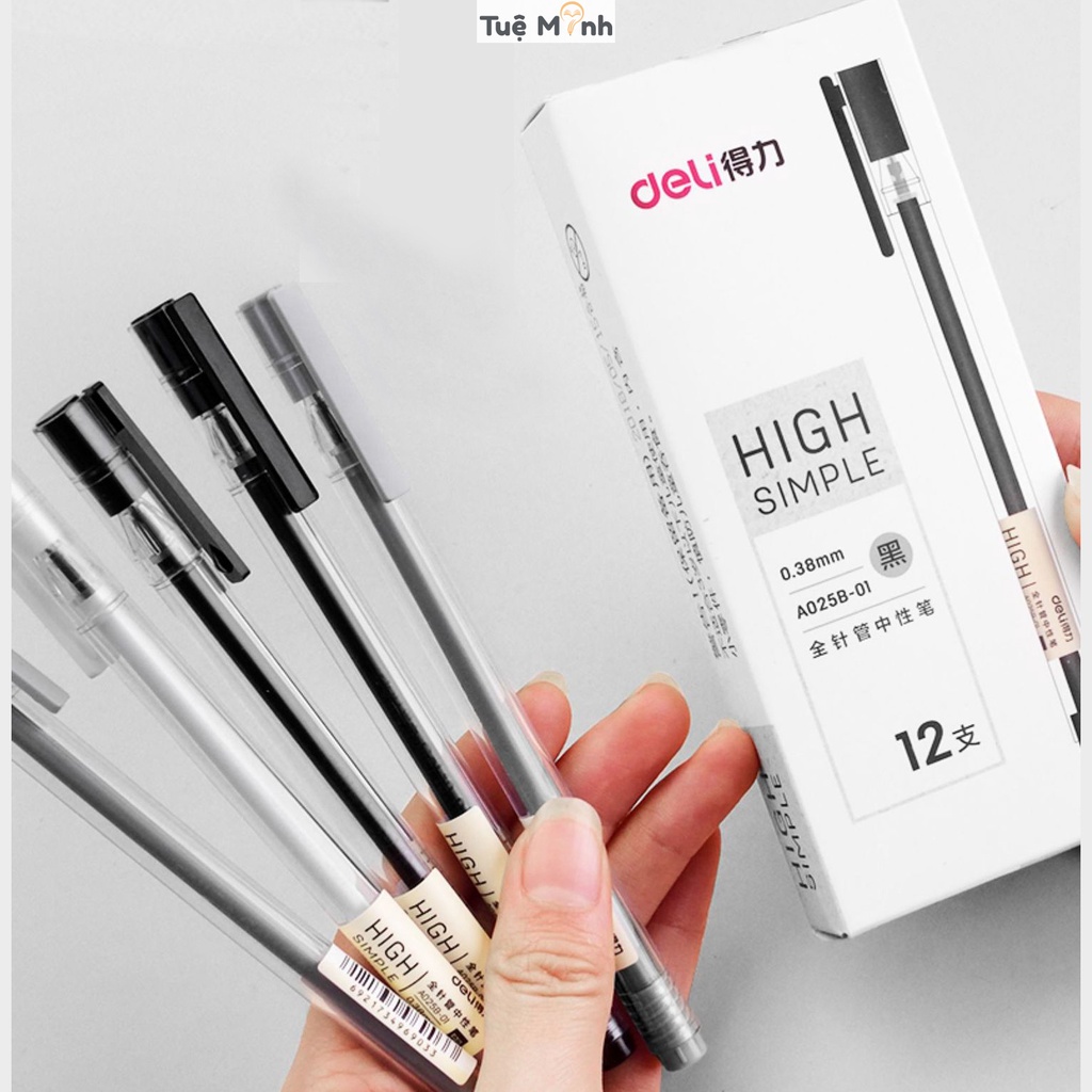 Combo 12 bút gel Deli mực đen, ruột refill tiết kiệm, bút viết tiện lợi VPP Tuệ Minh