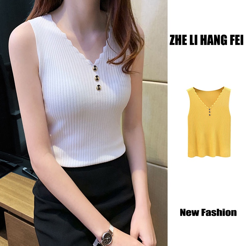 【ZHELIHANGFEI】 / Set Áo Dệt Kim Sát Nách Cổ Chữ v Màu Trắng Đen Thời Trang Mùa Hè Cho Nữ