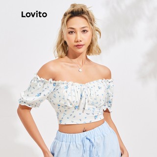 15de-Áo thun croptop Lovito tay phồng in họa tiết hoa phối nơ phong cách vintage L16D037 (Màu trắng)