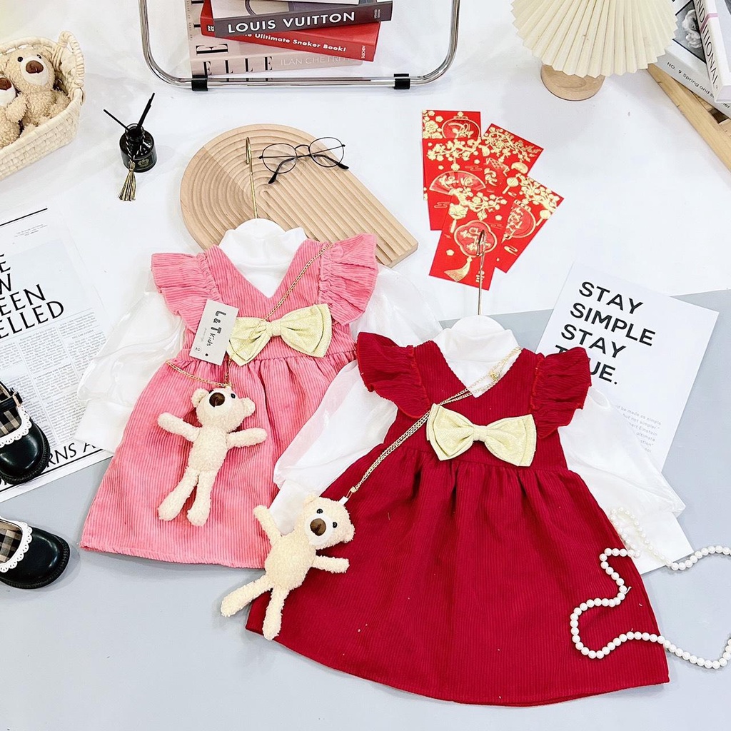 [Ảnh thật] Set váy nhung gân 2 chi tiết LT kids cho bé gái, mẫu tết 2023
