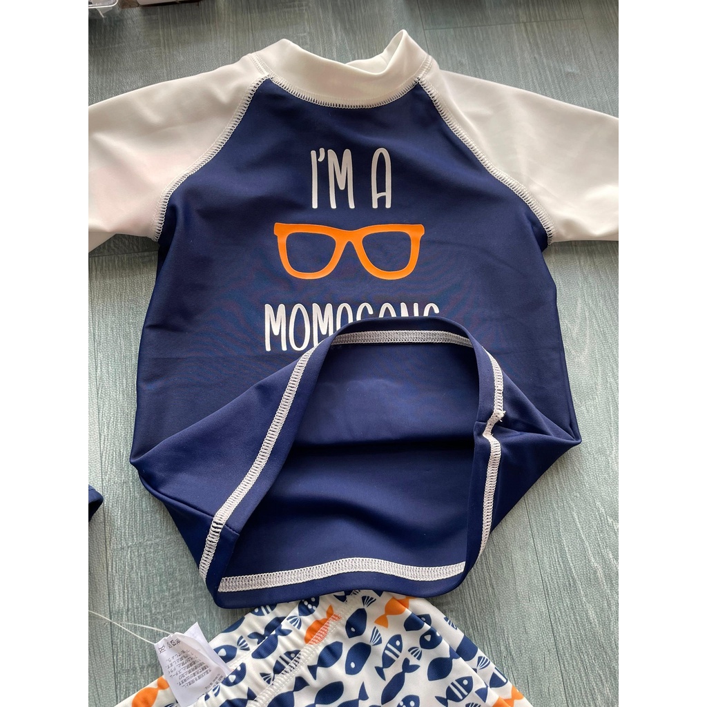 Bộ bơi bé trai cộc rời, xanh tay trắng, hình cá, Momasong  908048