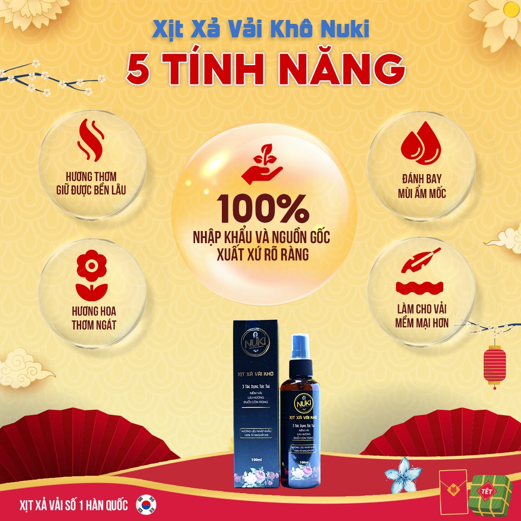 Chai Xịt Xả Vải Khô Nuki 100ml Hương Nước Hoa Lưu Hương Mềm Vải,Tinh Dầu Thơm Quần Áo