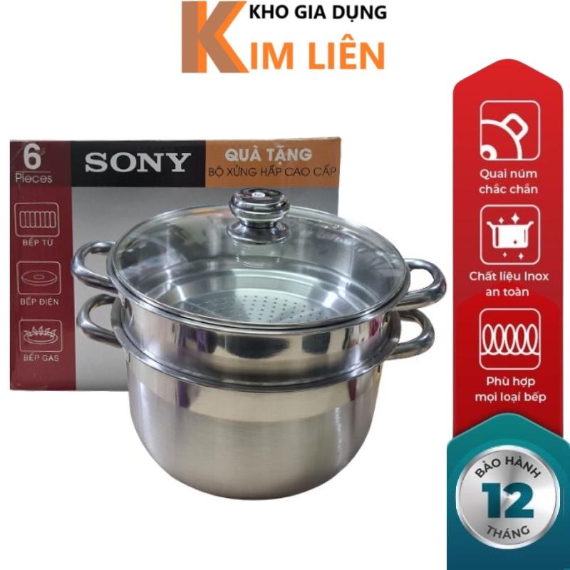 Bộ nồi xửng hấp inox SONY (Size: đường kính 28cm) - Nắp kính cường lực, dùng được bếp từ