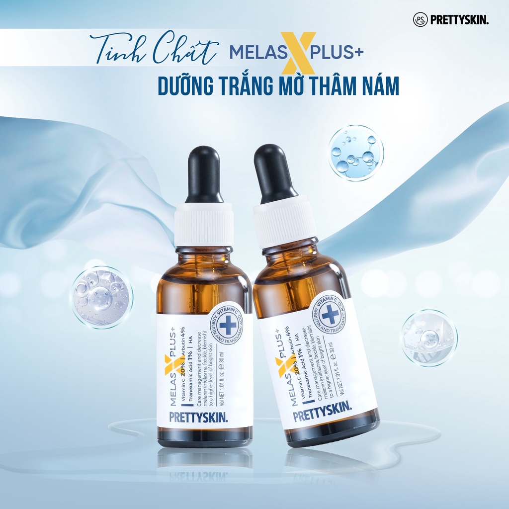 Tinh chất dưỡng trắng mờ thâm nám Pretty skin melas x plus vitamin c 20% arbutin 4% 30ml